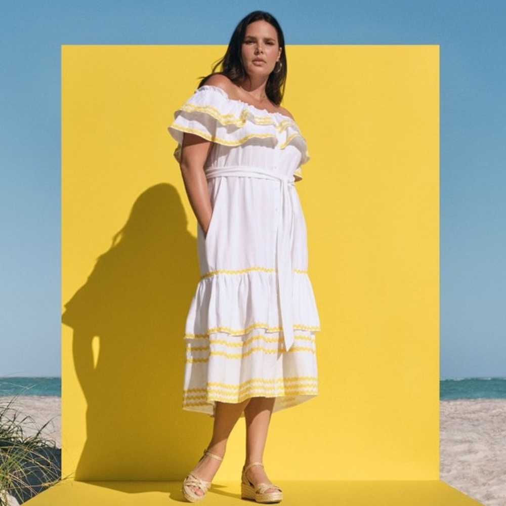 Lisa Marie Fernandez Women's White/Yellow Ric Rac Off the Shoulder Dress